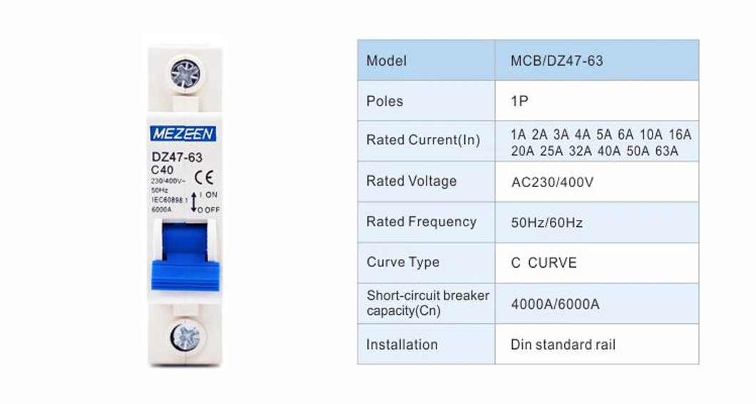 Factory Supplier Low Voltage AC 1 Pole 1-63AMPS 6ka Mini Circuit Breaker MCB