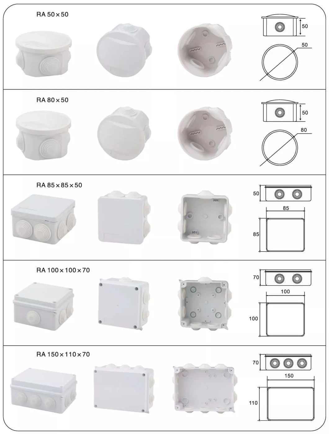 7 Grommets Entry Holes 85X85X50mm 100X100X50mm Mureva Box IP65 Grey ABS Enclosure Surface Mounting IP65 Waterproof Junction Box with Knockouts