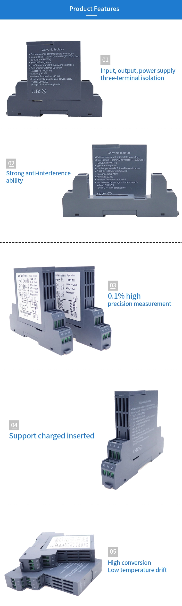 DC Analog Signal Isolator 4-20mA Signal Splitter 35mm Rail Converter