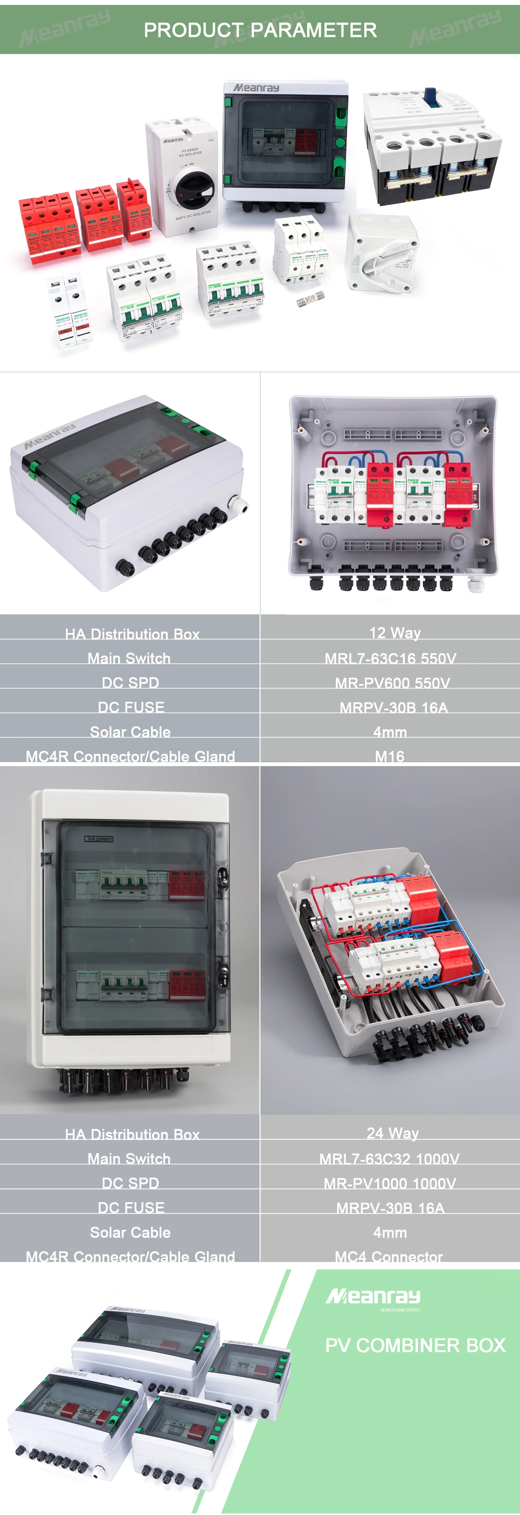 Solar System DC PV Combiner Box 6 Strings Input 1 Output IP65 Ccombiner Box with SPD and Fuse